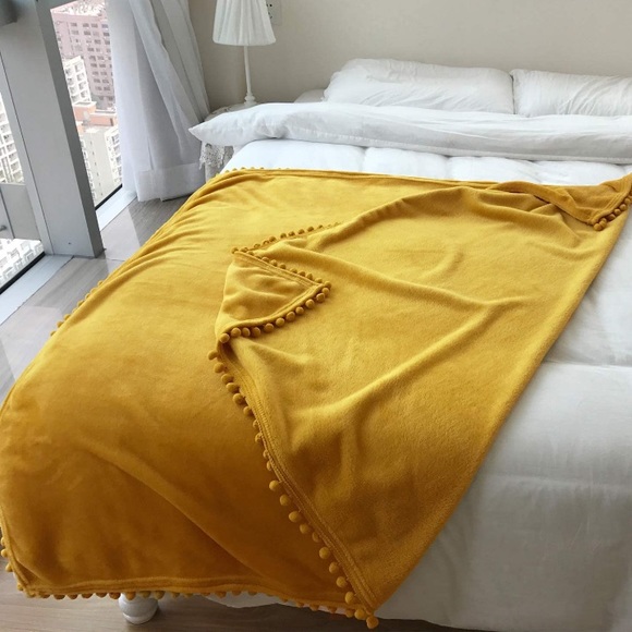 Sunflower Yellow Pompom Fringe Chic Cozy Soft Throw Blanket/Cover - Picture 6 of 16